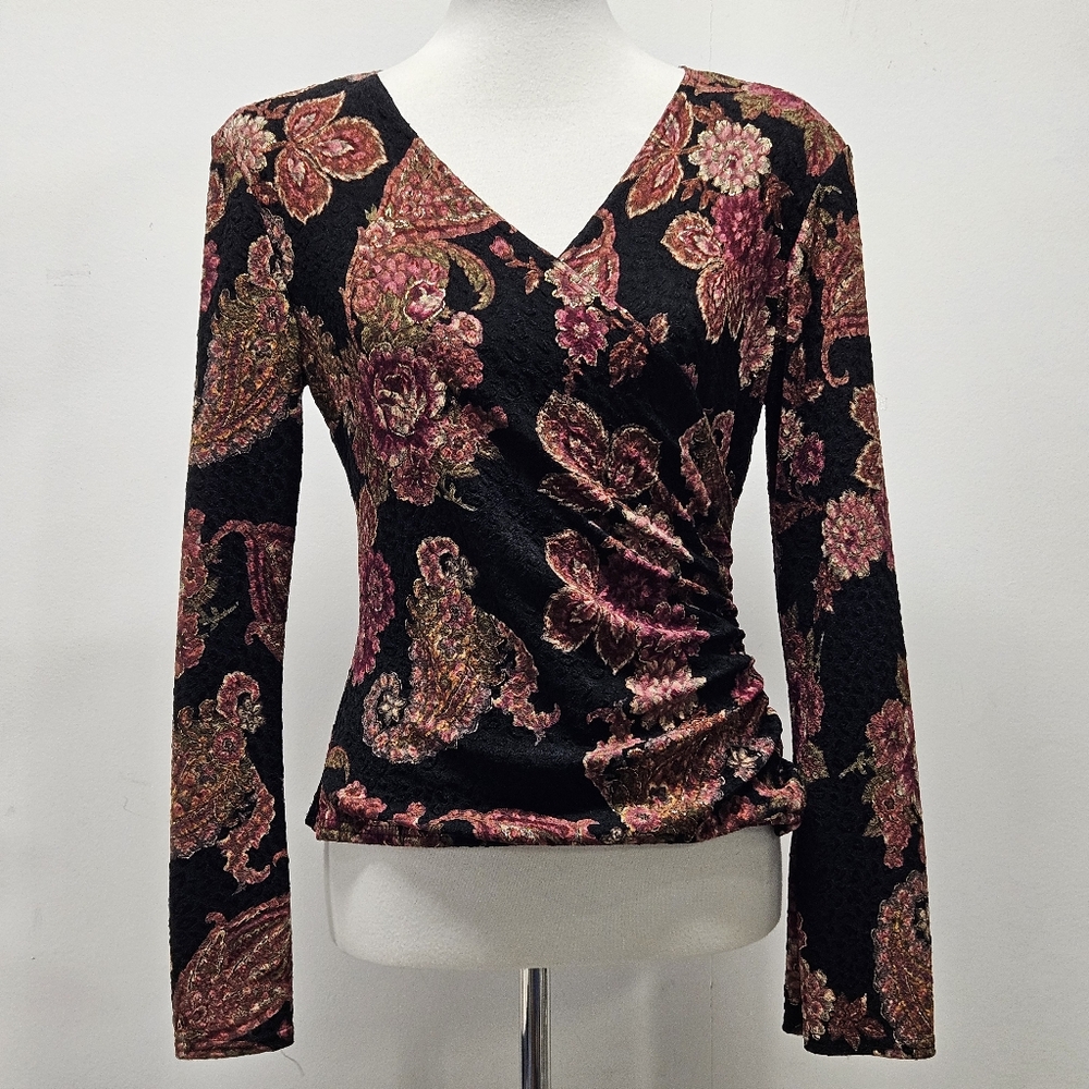 Metaphor Textured Dark Floral VNeck Top Blouse Size M Y2K Dark Romantic Boho